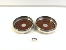 TWO HALLMARKED SILVER AND OAK-BASED CIRCULAR DECANTER COASTERS BY W.BROADWAY & CO, 13.5CMS