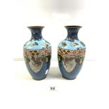 PAIR OF JAPANESE OVOID BLUE GROUND CLOISONNE VASES WITH DRAGON AND BIRD SCENES, 24CMS
