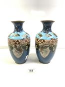 PAIR OF JAPANESE OVOID BLUE GROUND CLOISONNE VASES WITH DRAGON AND BIRD SCENES, 24CMS