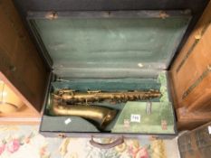 A VINTAGE BRASS ALTO SAXOPHONE - MADE BY JOHN GREY & SONS - MADE AT THE LUCANO FACTORY ITALY