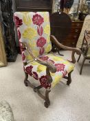 VINTAGE HIGHBACK ARMCHAIR WITH SCROLL CARVED ARMS