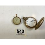 GOLD-PLATED WALTHAM POCKET WATCH WITH A GOLD-PLATED FOB WATCH BY THE LANCASHIRE WATCH COMPANY