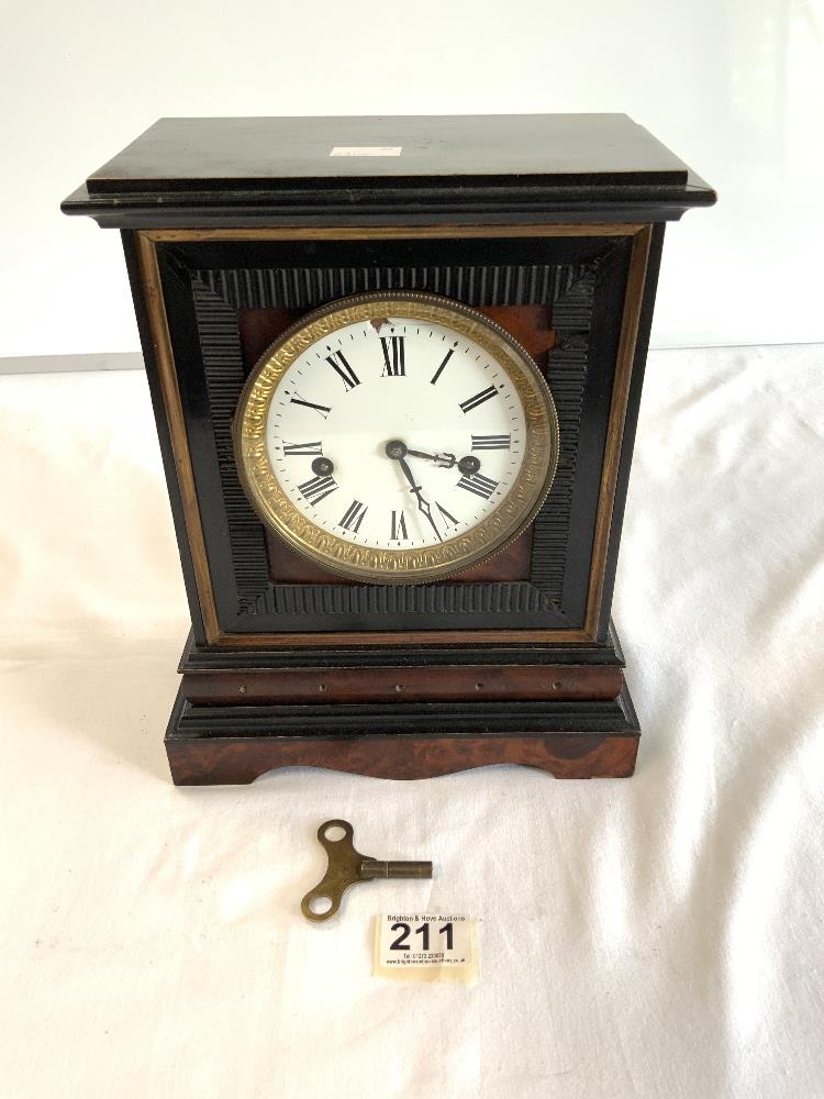 A 19TH-CENTURY WALNUT AND EBONISED MANTLE CLOCK, ENAMEL DIAL (A/F), MOVEMENT MADE BY S.THOMAS,