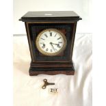 A 19TH-CENTURY WALNUT AND EBONISED MANTLE CLOCK, ENAMEL DIAL (A/F), MOVEMENT MADE BY S.THOMAS,