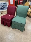 TWO VINTAGE CHAIRS BOTH WITH COVERS, RED AND GREEN