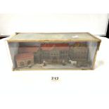 WOODEN DIORAMA MODEL OF BUILDINGS, FIGURES, HORSE AND CART IN A GLAZED CASE, 37 X 14CMS