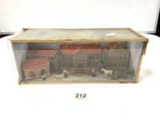 WOODEN DIORAMA MODEL OF BUILDINGS, FIGURES, HORSE AND CART IN A GLAZED CASE, 37 X 14CMS