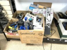 A PROXXON DB250 - MICRO WOOD TURNING LATHE DREMEL PLUNGE ROUTER, DREMEL WORK STATION, AND OTHER