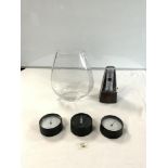 A CLEAR GLASS GEORG JENSEN VASE (30CMS), THREE MODERN GEORG JENSON THERMOMETERS AND A MONTFORD
