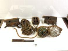 VINTAGE BLOCK AND ROPE TACKLE, GLASS FISHING FLOATS, TWO MOULDING PLANES ETC