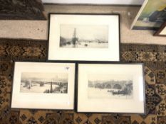 W. L. WYLLIE - THREE FRAMED THAMES VIEWS ETCHINGS IN BLACK FRAMES, ALL SIGNED IN PENCIL, (THE