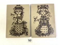 TWO BJORN WIINBLAD WALL PLAQUES, NYMLLE DENMARK, 20 X 28.5CMS