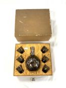 DEUTSCH SILVER OVERLAY GLASS LIQUEUR SET IN A CASE, COMPRISING A DECANTER AND SIX GLASSES 1 A/F