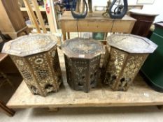 THREE MOROCCAN CAMEL BONE INLAID OCTAGONAL LAMP TABLES, ALL HAVE MISSING INLAY