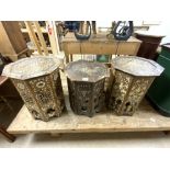 THREE MOROCCAN CAMEL BONE INLAID OCTAGONAL LAMP TABLES, ALL HAVE MISSING INLAY