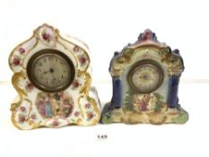 TWO 1940S CERAMIC MANTLE CLOCKS - DECORATED WITH FIGURES AND FLOWERS