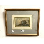 A 19TH-CENTURY BRITISH WATERCOLOUR OF 'INN ABOVE A RIVER' SIGNED VARLEY CIRCA 1850 (15 X 10CMS)