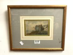 A 19TH-CENTURY BRITISH WATERCOLOUR OF 'INN ABOVE A RIVER' SIGNED VARLEY CIRCA 1850 (15 X 10CMS)