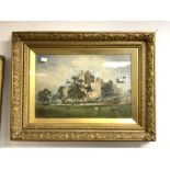 19TH-CENTURY WATERCOLOUR OF A CASTLE WITH CATTLE GRAZING AND FIGURES IN THE FOREGROUND IN AN