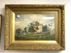 19TH-CENTURY WATERCOLOUR OF A CASTLE WITH CATTLE GRAZING AND FIGURES IN THE FOREGROUND IN AN