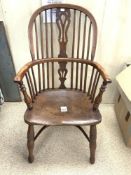 ANTIQUE ELM AND YEWOOD WINDSOR CHAIR WITH LYRE AND STICK BACK