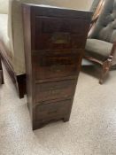 SMALL ANTIQUE BRASS BOUND MILITARY STYLE FOUR DRAWER CHEST WITH BLACK LEATHER TOP (25.5 X 26 X