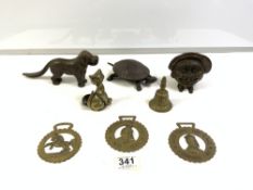 ANTIQUE IRON TORTOISE DESK BELL, AN 'AVE AND SMILE' MONEY BOX, IRON DOG NUT CRACKERS, HORSE BRASS'S,