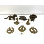 ANTIQUE IRON TORTOISE DESK BELL, AN 'AVE AND SMILE' MONEY BOX, IRON DOG NUT CRACKERS, HORSE BRASS'S,