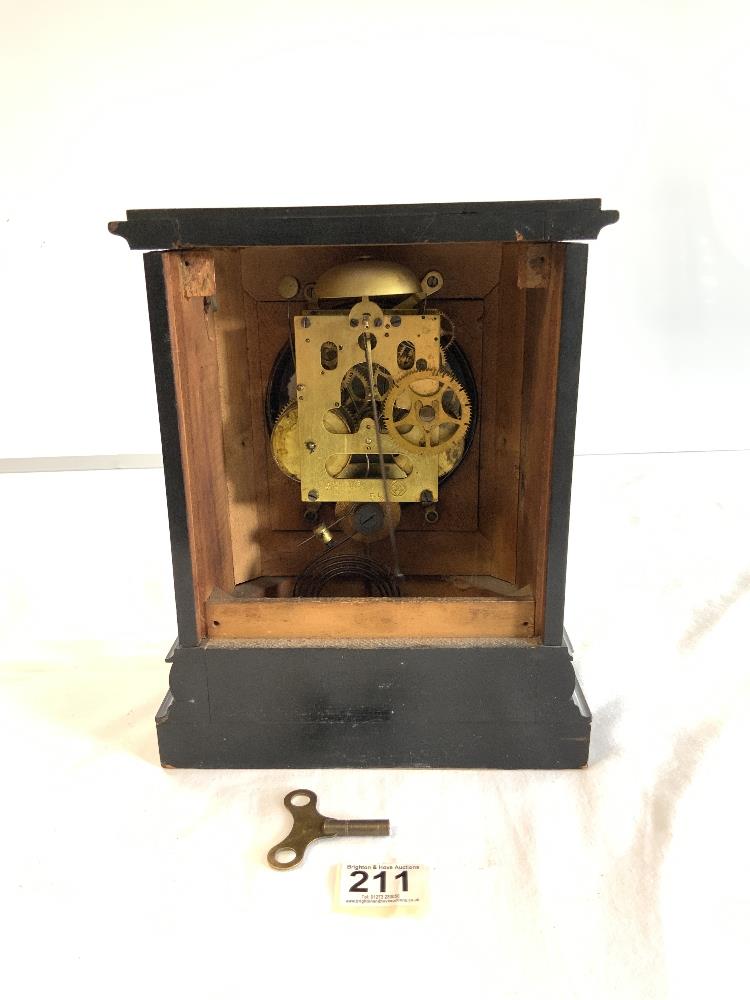 A 19TH-CENTURY WALNUT AND EBONISED MANTLE CLOCK, ENAMEL DIAL (A/F), MOVEMENT MADE BY S.THOMAS, - Image 3 of 5