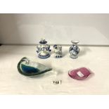 MDINA GLASS BOWL, CUT GLASS PIN DISH, AND THREE PIECES OF RUSSIAN GZHEL BLUE AND WHITE