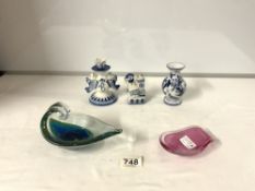 MDINA GLASS BOWL, CUT GLASS PIN DISH, AND THREE PIECES OF RUSSIAN GZHEL BLUE AND WHITE