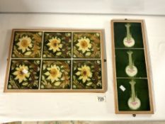 THREE ARTS'N'CRAFTS TILES IN A WOODEN FRAME, AND SIX FLORAL TILES IN A WOODEN FRAME
