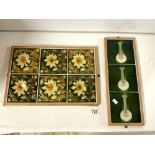 THREE ARTS'N'CRAFTS TILES IN A WOODEN FRAME, AND SIX FLORAL TILES IN A WOODEN FRAME