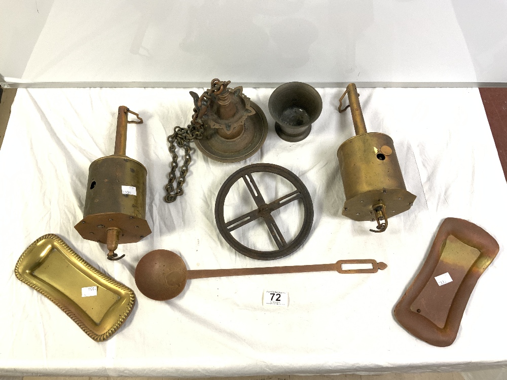 TWO ANTIQUE BRASS CLOCKWORK SPIT-ROAST MEAT JACKS, A BRASS LADLE, A BRASS HANGING LAMP, AND A - Image 2 of 4