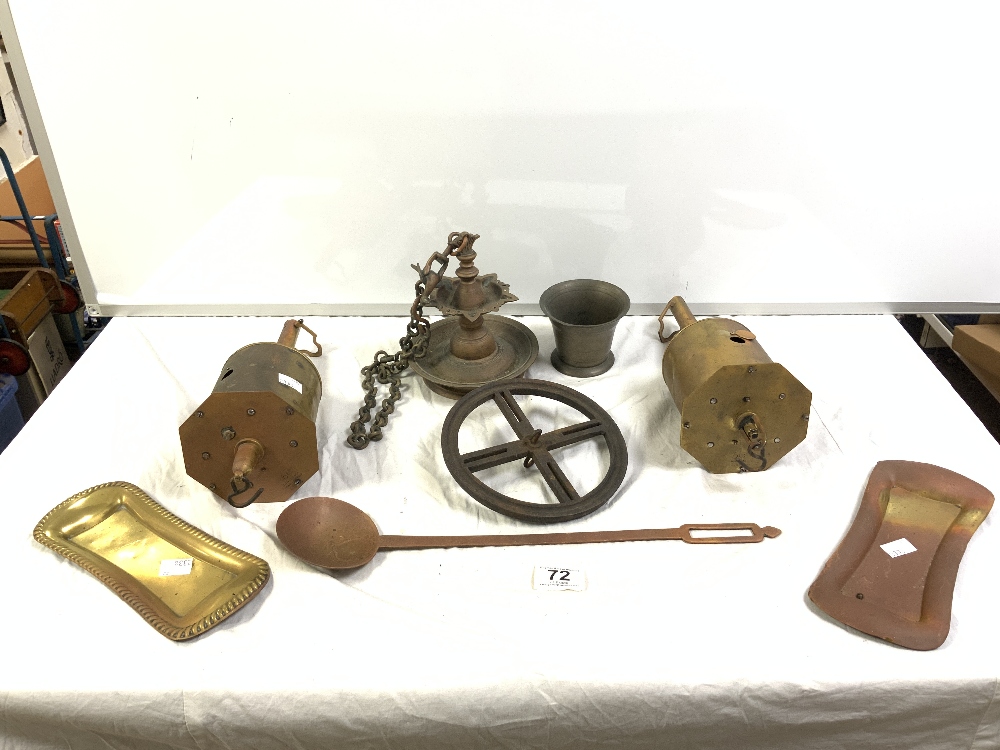 TWO ANTIQUE BRASS CLOCKWORK SPIT-ROAST MEAT JACKS, A BRASS LADLE, A BRASS HANGING LAMP, AND A