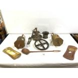 TWO ANTIQUE BRASS CLOCKWORK SPIT-ROAST MEAT JACKS, A BRASS LADLE, A BRASS HANGING LAMP, AND A