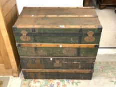 TWO VINTAGE WOOD AND METAL-BOUND TRUNKS