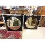 A PAIR OF RETRO BLACK AND CLEAR WALL MIRRORS - 90CMS SQ