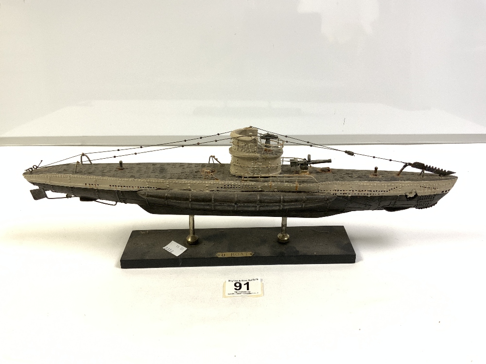 HAND BUILT MODEL OF A U BOAT ON STAND, 48CMS