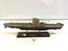 HAND BUILT MODEL OF A U BOAT ON STAND, 48CMS
