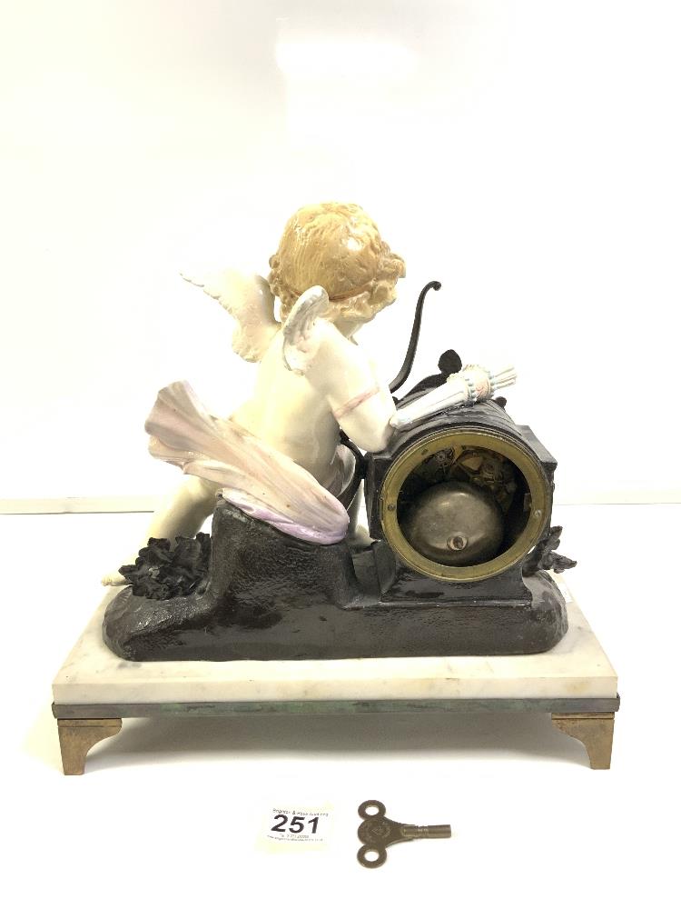 JAPY FRERES MANTLE CLOCK, WHITE MARBLE BASE WITH A CHERUB A/F ON A BRASS PLINTH WITH LION PAW - Image 3 of 7