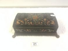 VINTAGE LEATHER-COVERED WOODEN DOME TOP CASKET WITH PAINTED PHOENIX DECORATION ON CLAW FEET, 26CMS