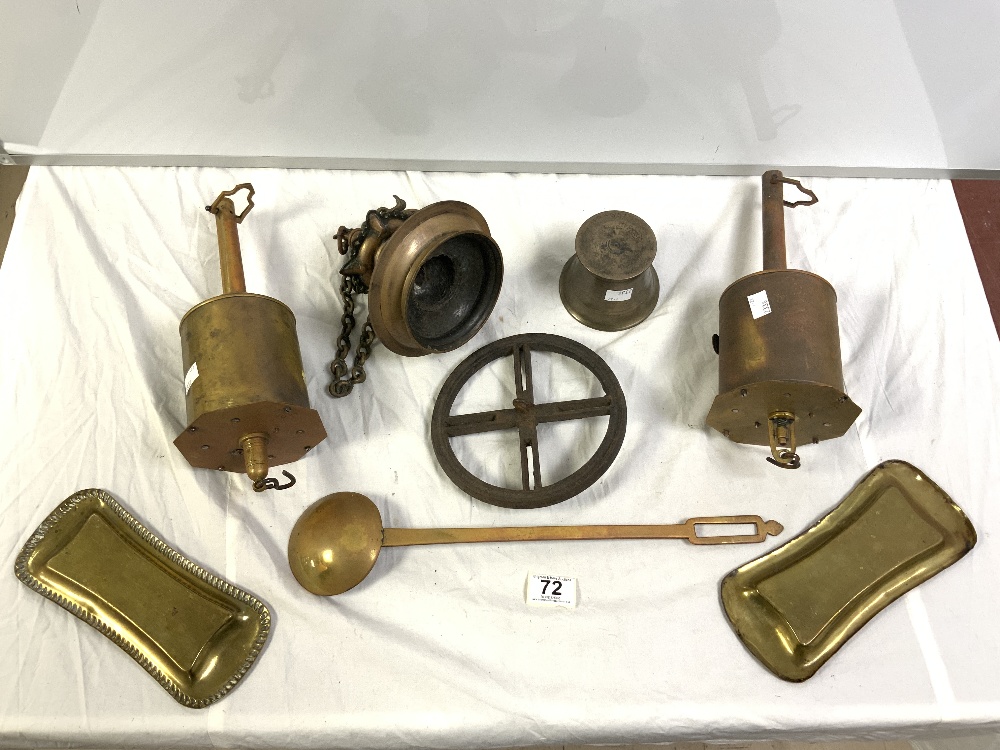 TWO ANTIQUE BRASS CLOCKWORK SPIT-ROAST MEAT JACKS, A BRASS LADLE, A BRASS HANGING LAMP, AND A - Image 3 of 4