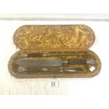 VICTORIAN HORN HANDLE/SILVER MOUNTED THREE-PIECE CARVING SET IN LEATHER CASE, MAKER JAMES DEAKIN &