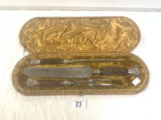 VICTORIAN HORN HANDLE/SILVER MOUNTED THREE-PIECE CARVING SET IN LEATHER CASE, MAKER JAMES DEAKIN &