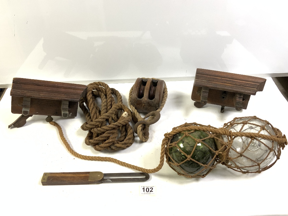 VINTAGE BLOCK AND ROPE TACKLE, GLASS FISHING FLOATS, TWO MOULDING PLANES ETC - Image 2 of 5