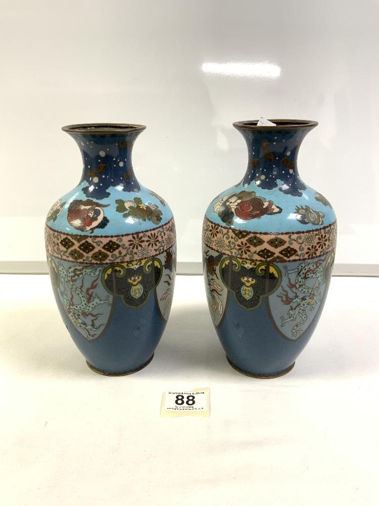 PAIR OF JAPANESE OVOID BLUE GROUND CLOISONNE VASES WITH DRAGON AND BIRD SCENES, 24CMS - Image 2 of 4