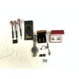 PAIR OF DAMASCUS CUFFLINKS, TWO OTHER PAIRS OF CUFFLINKS, GENTS QUARTZ WRISTWATCH AND SET OF DARTS