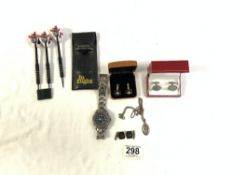 PAIR OF DAMASCUS CUFFLINKS, TWO OTHER PAIRS OF CUFFLINKS, GENTS QUARTZ WRISTWATCH AND SET OF DARTS