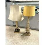 TWO PAINTED WOODEN TABLE LAMPS AND SHADES, THE TALLEST 60CMS